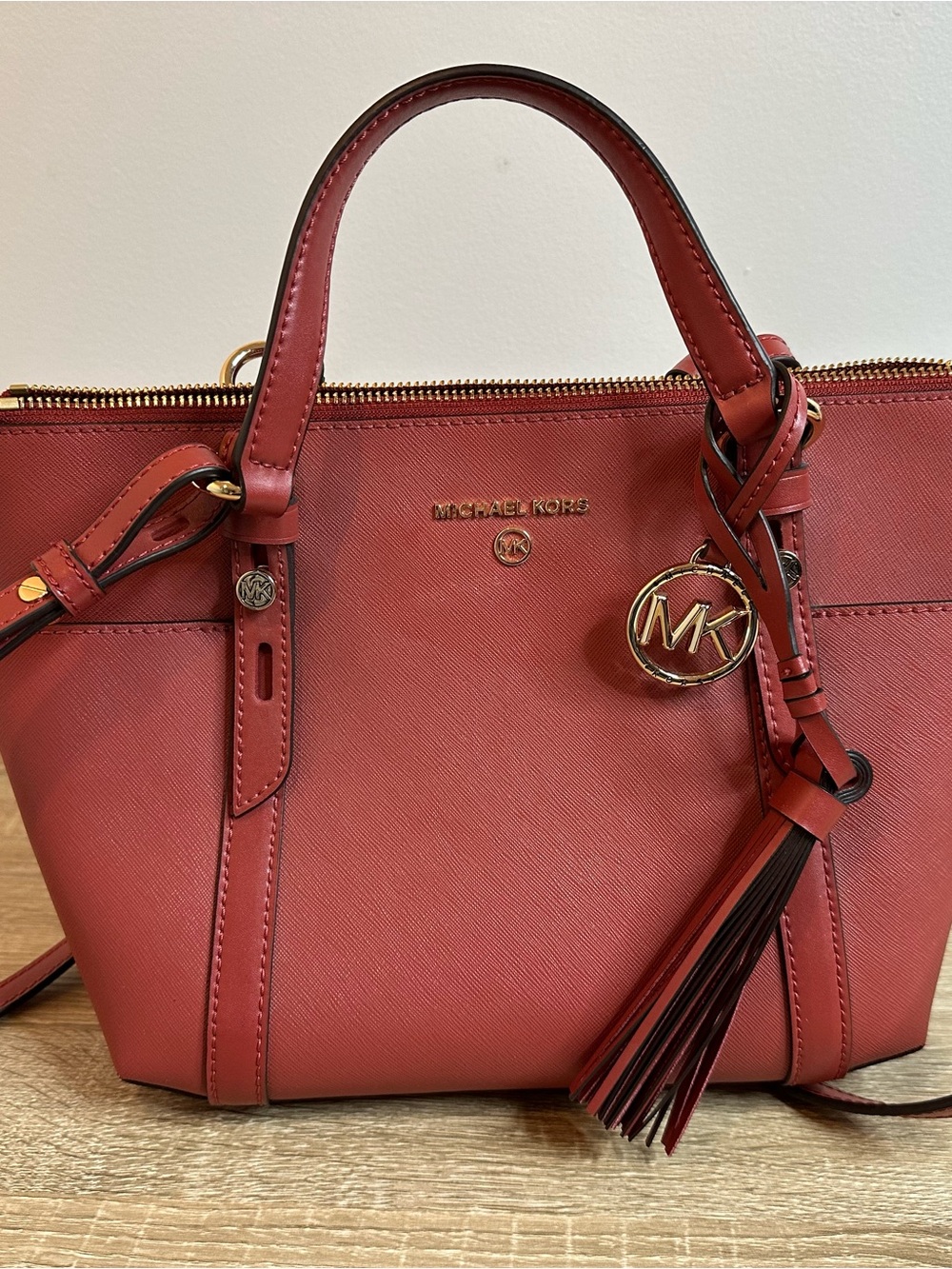 Michael Kors Brick Red Saffiano Leather Satchel with Tassel Charm
